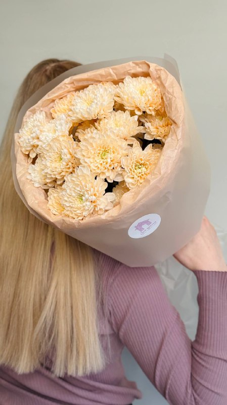 Букет нежно-персиковые кустовых хризантем, 3 штуки