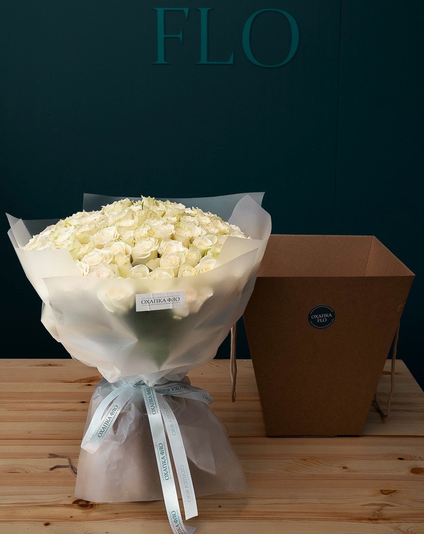 Букет роз, 101 белой розы «Белая симфония» — фото 5